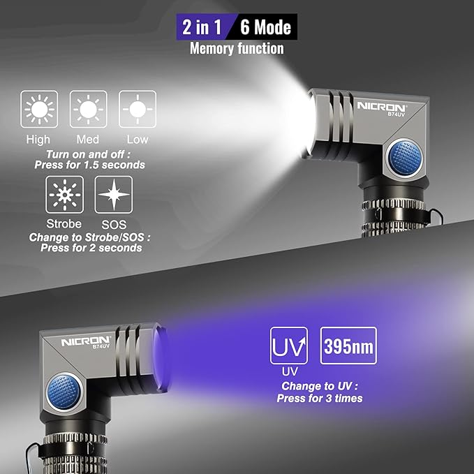 NICRON B74U Blacklight Torch 395nm UV Ultraviolet 90 Degree Adjustable-Head, Pocket Clip, Magnetic Base, 6 Modes Flashlight for Urine Stain Detector