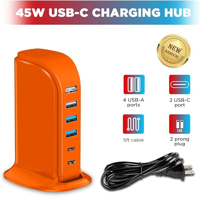 Upoy Dual USB C Charger Block, Charging Station for Multiple Devices 45W Total, USB Tower Hub Travel Ready, 6 Ports Charging Blocks for Guest Room, Office, Desk