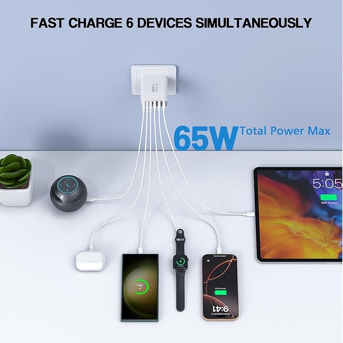3 Pack 65W GaN Type C Wall Charger Block,6-Port Fast Charging Block,PD USB C Plug Adapter+QC Plug Compatible with Apple iPhone 17/17 Air/16E/16Pro Max/16Plus/16/15/14/13/12/11/XS Max,iPad Pro,AirPods