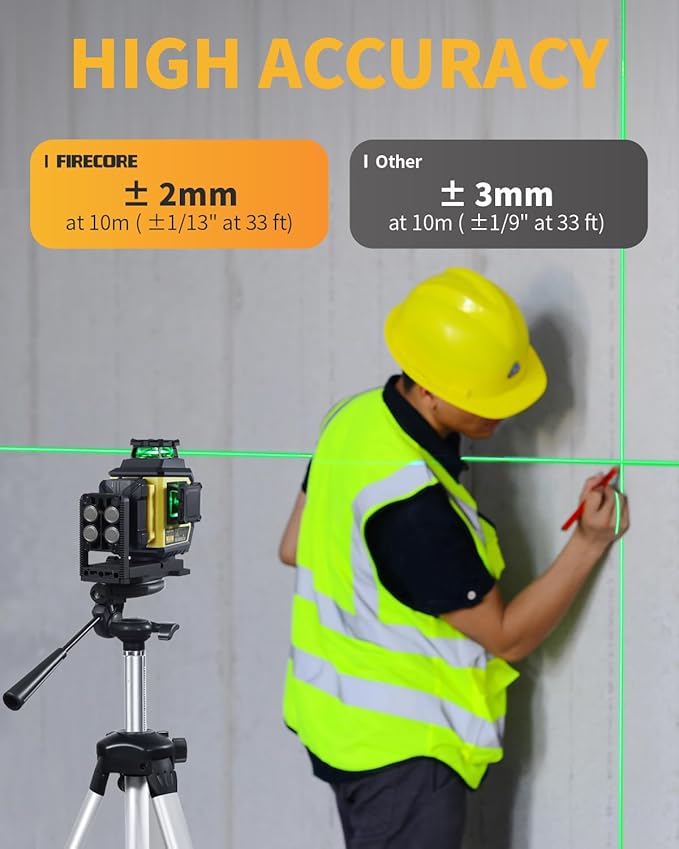 Firecore Laser Level 360 Self Leveling with Tripod, ±2mm High Accuracy, Outdoor Pulse Mode to 197 Ft, Green Cross Line Lazer Leveler Tool for Construction, 2 Rechargeable Batteries, 60" Tripod
