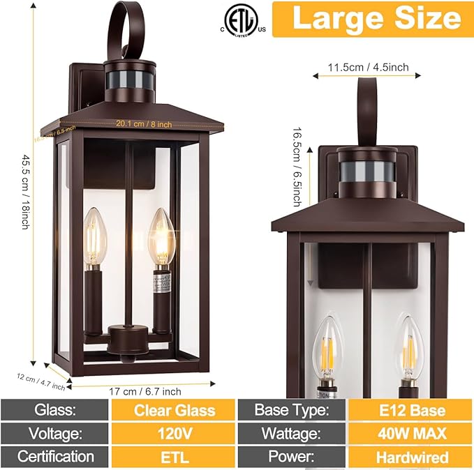 Large Exterior Sconce Motion Sensor, 18" Bronze Dusk to Dawn Exterior Light, 2-Light Brown Outdoor Light Fixture, Aluminum Outdoor Dusk to Dawn Light with E12 Socket for Porch, House, Door, Garage