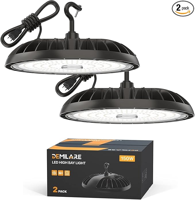 2 Pack LED High Bay Light 150W, 5000K, 22500 lm, IP65 Waterproof, Commercial Lighting for Warehouse, Workshop, Garage, Barn