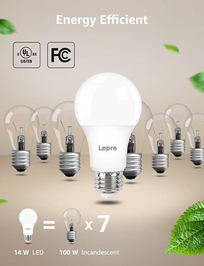 Lepro Dimmable LED Light Bulbs 100 Watt Equivalent, 14W 1500LM Daylight White 5000K, A19 E26 Standard Medium Base, UL FCC Listed, 15000 Hour Lifetime, 6 Pcs