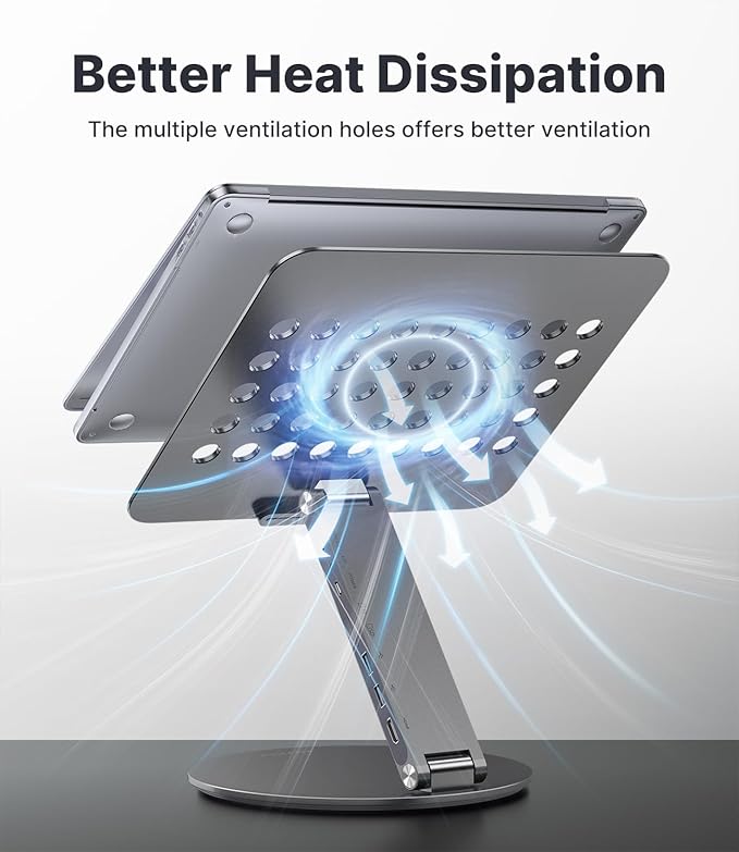 Adjustable Laptop Stand with 8 in 1 USB C Hub, Foldable Portable Computer Notebook Stand with 360° Rotating Base, Riser Holder Mount for All 10-17" Laptops (Gray)