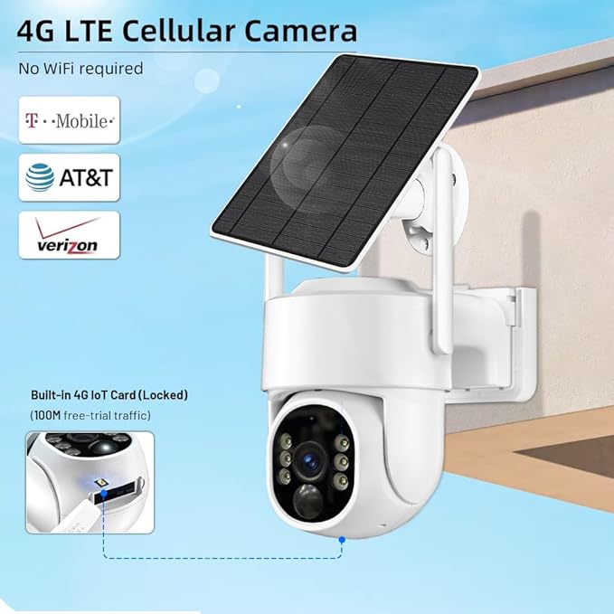 4G LTE Cellular Security Camera, Solar Camera Outdoor Wireless No WiFi Needed, Solar Powered Cam with SIM Card, 2K HD, 360° View PTZ, PIR Motion Detection, Siren Alarm, Color Night Vision, 2Way Talk
