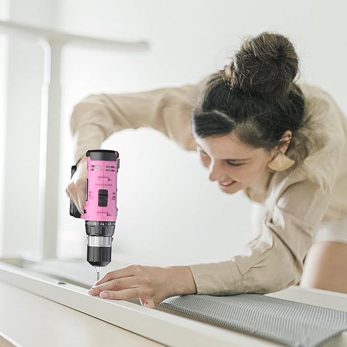 Cordless Drill Set, 20V Electric Power Drill With Battery And Charger, 30N Torque, 21+1 Settings, 3/8-Inch Keyless Chuck, Driver Bits Kit, LED Light (Pink)