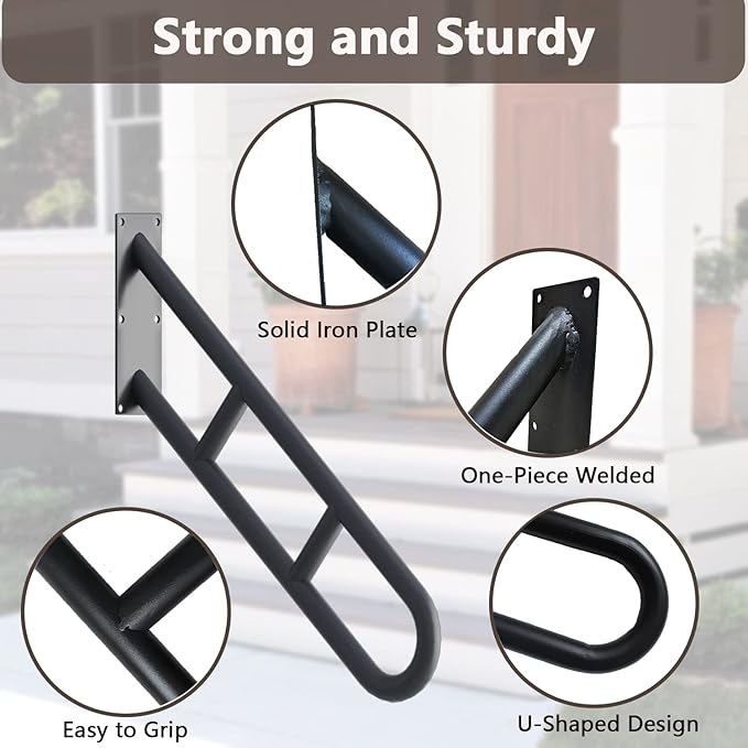2 Pack Stair Handrails for 1-3 Steps, 26" Upgraded Porch Railing with Black Matte Finish, Wall Mounted Hand Railings for Stairs Outdoor and Indoor, Stair Railing Grab Bars for Garage,Porch,Garden