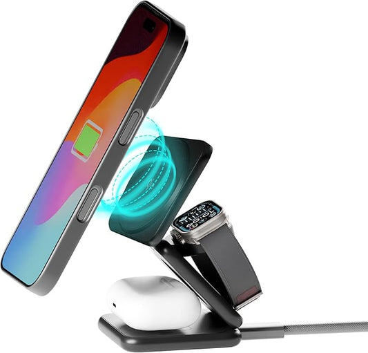 Peel 3-in-1 Wireless Charging Stand – Qi2 Certified Fast Charger, Compatible with MagSafe iPhone 16/15/14/13/12, Apple Watch & AirPods, Ultra-Slim Foldable Design, USB-C Cable – Black