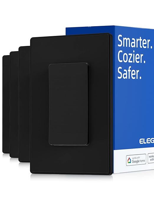 ELEGRP Smart Light Switch, 2.4GHz Wi-Fi Light Switch Compatible with Alexa & Google Assistant, Neutral Wire Required, APP Control and Timer Schedule, UL Certified, Single Pole/3 Way, Black, 4 Pack