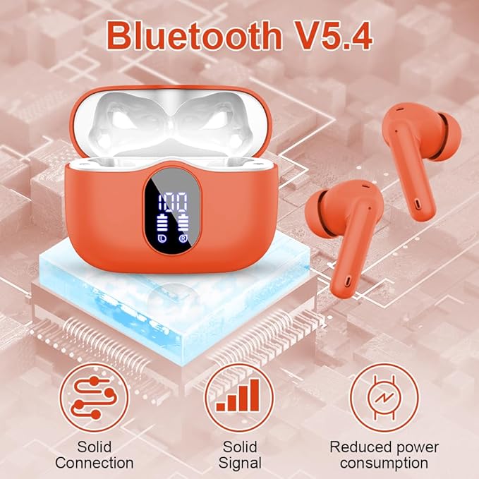 Wireless Earbuds, Bluetooth 5.4 Headphones Bass Stereo, Ear Buds with Noise Cancelling Mic LED Display, IP7 Waterproof in Ear Earphones, 36H Playtime for Laptop Pad Phones Sports Workout, Orange(2025)