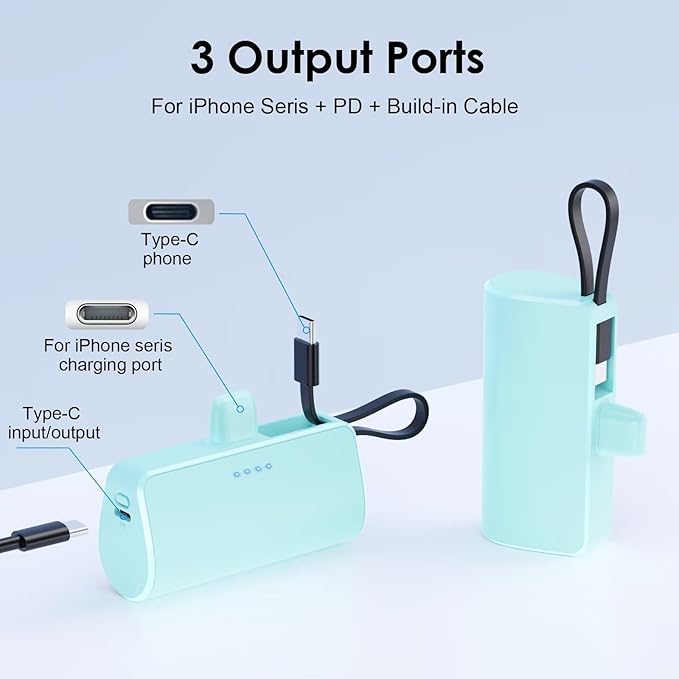 Mini Portable Charger Power Bank for iPhone with Built-in Type-C Cable,5200mAh PD Fast Charging Battery Pack,Compact Phone Charger for iPhone 16/15/14/13/12/11/X/8/7/6,Green