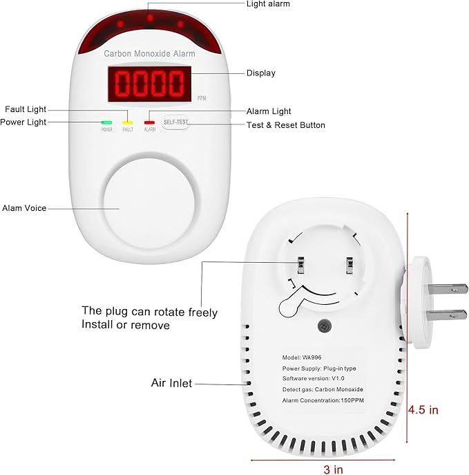 Koabbit Carbon Monoxide Detector - Plug in CO Level Monitor Alarm with Digital Display Sound & Light Warning for Home/Apartments/Hotel,Accurate & Easy to Install (White)