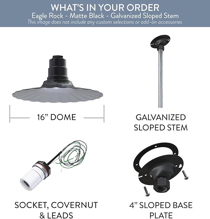 Steel Lighting Co. Eagle Rock Pendant | Ceiling Mounted Light | 16 inch Radial Wave | 12 inch Sloped Stem | Heavy Duty Steel Retro Farmhouse Style Made in America | Matte Black Exterior/White Interior