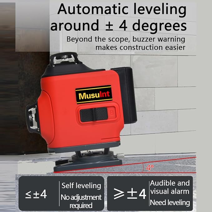 4D 16 lines laser level 4×360° self leveling Precision Cross Line level tool Two 360° Vertical and Horizontal Red beam with hand wave mode control Rotary laser level (4D 16 Red Lines)