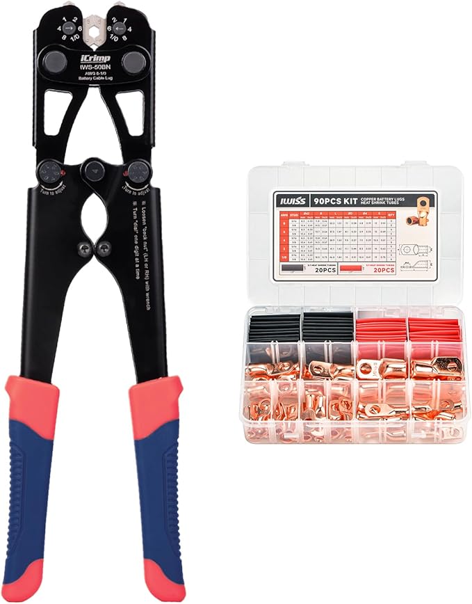 iCrimp Battery Cable Lug Crimping Tool Kit for Copper Lugs Awg 8-1/0,Battery Cable Crimper with 90pcs Copper Battery Lugs/Heat Shrink Tube