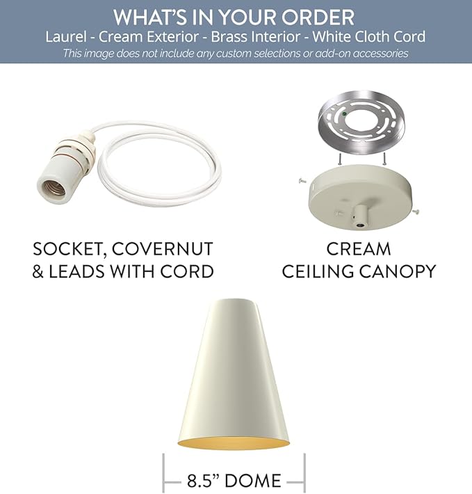 Steel Lighting Co. Laurel Pendant Light | Ceiling Mounted | 8.5 inch Cone Shade | Modern Contemporary Farmhouse Style Made in America | White Cloth Cord | Cream Exterior/Brass Interior