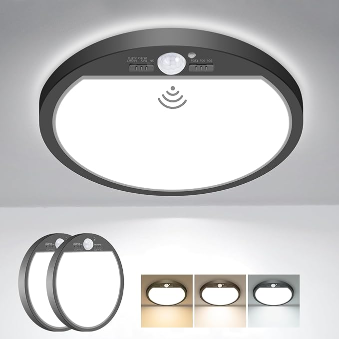 slochi 2Pack Motion Sensor Light Indoor Wired, 8.7 Inch 3000K/4000K/6500K Closet Lights Motion Sensored, 18W 1800LM Flush Mount Ceiling Light for Hallway Pantry Stairwell Porch, Black