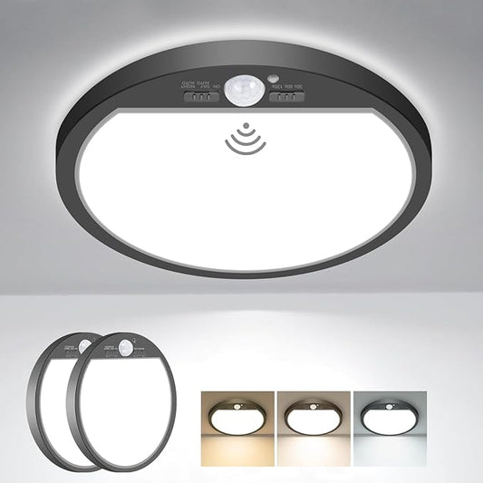 slochi 2Pack Motion Sensor Light Indoor Wired, 8.7 Inch 3000K/4000K/6500K Closet Lights Motion Sensored, 18W 1800LM Flush Mount Ceiling Light for Hallway Pantry Stairwell Porch, Black