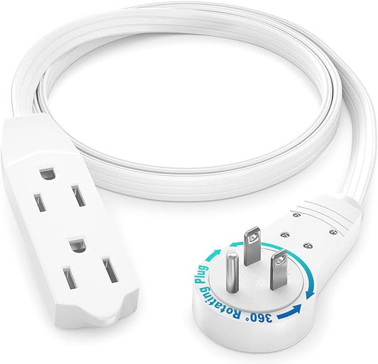 Maximm Cable 2 Ft 360° Rotating Flat Plug Extension Cord/Wire, 16/3 AWG Multi 3 Outlet 3-Prong Grounded Wire- White - UL Certified