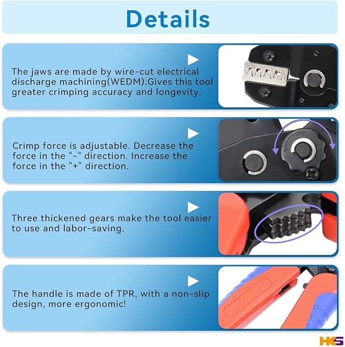HKS Ratcheting Crimping Tool Set 12 PCS with Wire Stripper & Changeable Jaws for Dupont JST MOLEX - Open Barrel Terminals, Insulated & Non-Insulated Ferrules, Butt Connectors, Solar & Coax Connectors