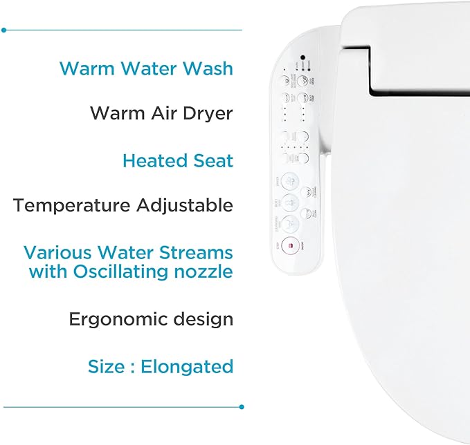 Blooming NB-1360E Bidet Toilet Seat, Warm Water with Stainless Steel Nozzle, Warm Air Dryer, Heated Toilet Seat, Sittable Lid, Nightlight, Fits Elongated Toilets, White (Elongated)