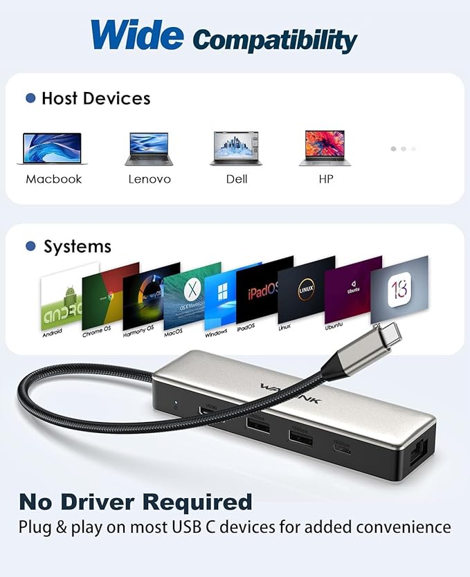 USB C Hub 2.5G Ethernet, WAVLINK 10Gbps USB C 3.2 Hub with 100W Power Delivery, 4K@120Hz HDMI 2.1, 3*USB3.2 Gen 2, 2.5G RJ45 Ports, Fit for MacBook Pro/Air iPad Dell HP Lenovo Asus Acer