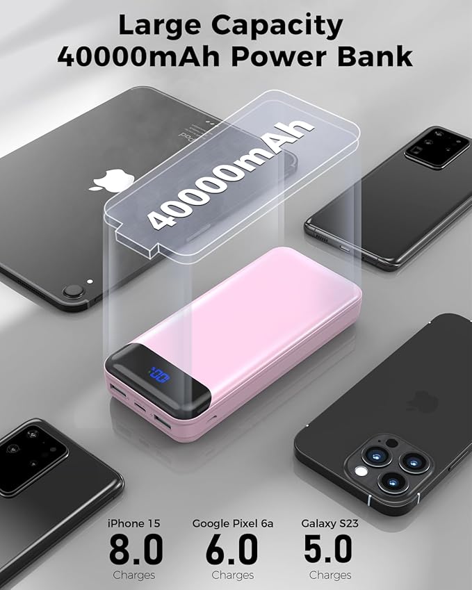 Portable Charger Power Bank 40000mAh Powerbank PD 30W and QC 4.0 Fast Charging External Battery Pack with USB-C LED 3 Outputs & 2 Inputs Portable Charging for iPhone 15 14 13 (Pink)