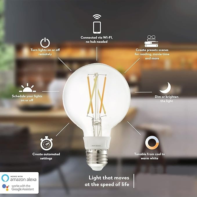 Diodesy- G25 Smart LED Light Globe Vanity Bathroom WiFi Bulb Works with Alexa and Google Home Pack of 4 No Hub Required 5.5W (60W Equivalent) Tunable 2200K-6500K 600LM E26 for Decorative Makeup Mirror