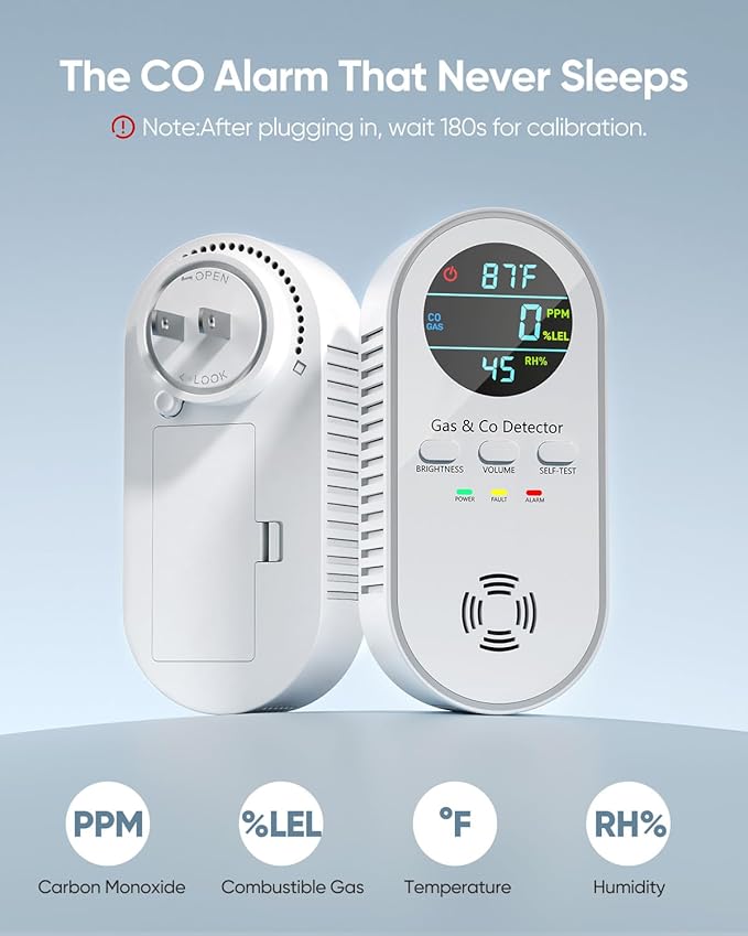 5-in-1 Carbon Monoxide Detectors, Natural Gas Leak Detector, Plug-in & Battery Backup Co Detector, HD Digital Display, CO Gas Temp Humidity Sensor, 3-Pcs, White