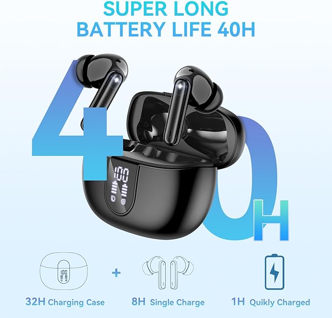 Wireless Earbuds, Bluetooth 5.3 Headphones 40Hrs Playtime Deep Bass Stereo in-Ear Earbud, LED Power Display, Call Noise Canceling Headphones with Mic, IP7 Waterproof Earphones for IOS Android Black