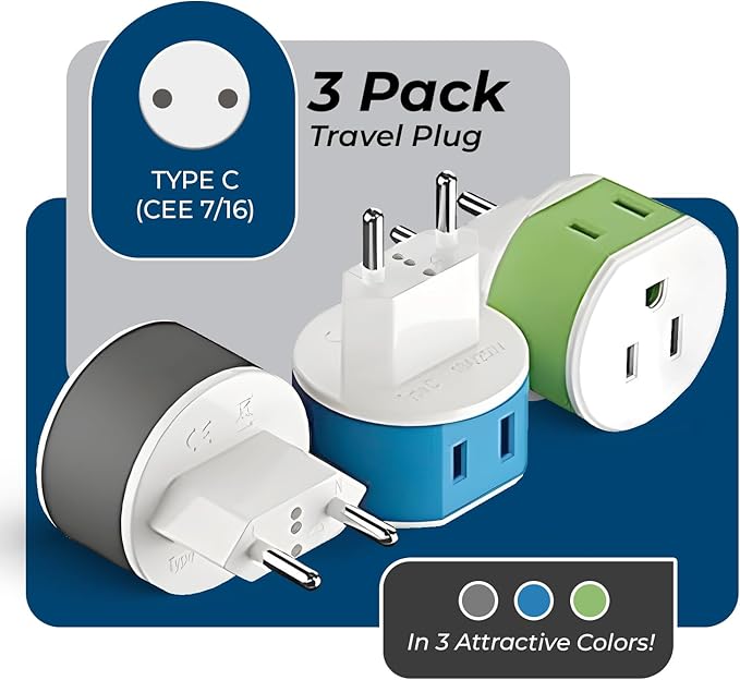 OREI European Power Plug Adapter, with 2 USA Inputs - Travel 3 Pack - Type C (US-9C) - Turkey, Italy, Iceland, and More - Safe Grounded Use with Cell Phones, Laptop, Camera Chargers, CPAP, and More