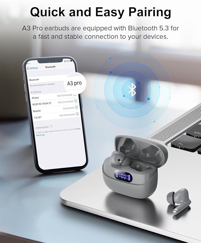 Wireless Earbuds, 42H Playtime Bluetooth 5.3 Headphones, HiFi Stereo Call Noise Cancelling Earbuds, IPX7 Waterproof Stereo in-Ear Earphones with LED Display for iOS Android (Gray)