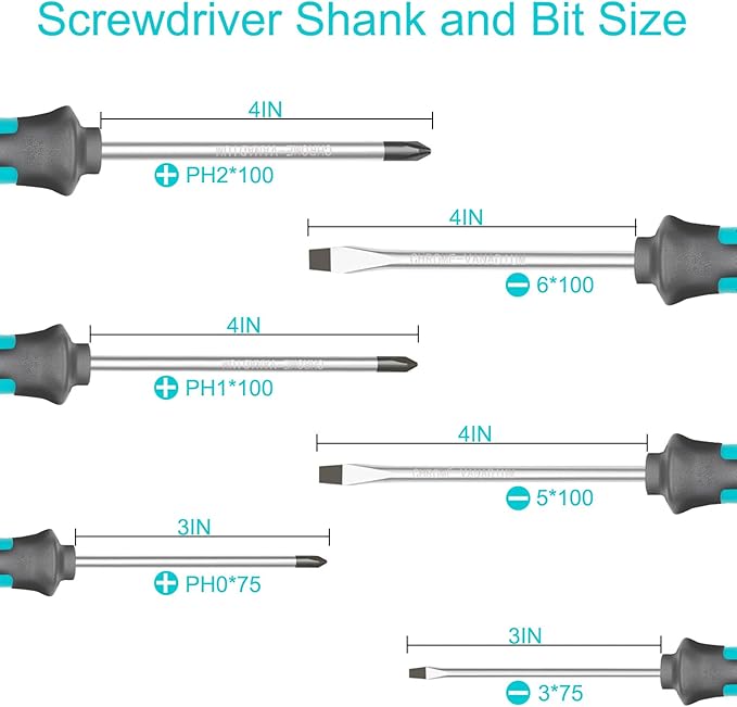 Magnetic Screwdriver Set, 6-Piece Screw Driver Kit with 3 Phillips and 3 Flat, Professional Non-Slip Cushion Grip Nut Driver Repair Tool Set. Stocking Stuffers for Men Gifts