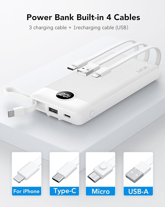 VRURC Portable Charger Power Bank, 10000mAh Travel Essentials Battery Pack, 5 Outputs 2 Inputs Slim Charing Bank Built-in Cables Cords Wires Compatible with iPhone,Samsung,Android-White(1 Pack)