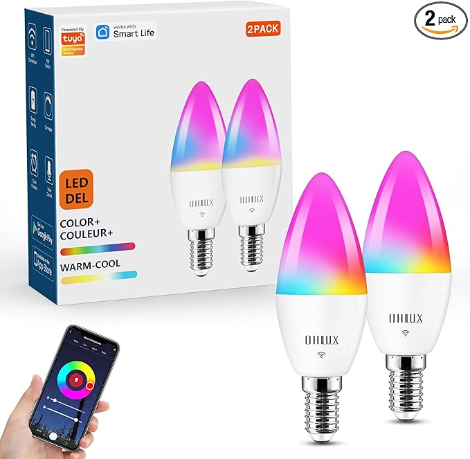 OHLUX 2 Pack E12 LED Bulb, 4W 40 Watt Equivalent Dimmable Smart Candelabra Bulbs Compatible with Alexa, Google Home, Color Changing, Music Sync, Voice Control, Timer