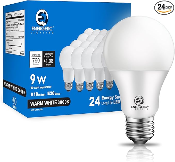 Energetic Light Bulbs 60 Watt Equivalent, A19 Warm White LED Light Bulbs, 15000 Hrs E26 Base, 8W-9W 800LM-760LM, 3000K Light Bulb, UL Listed, Non-Dimmable, 24-Pack