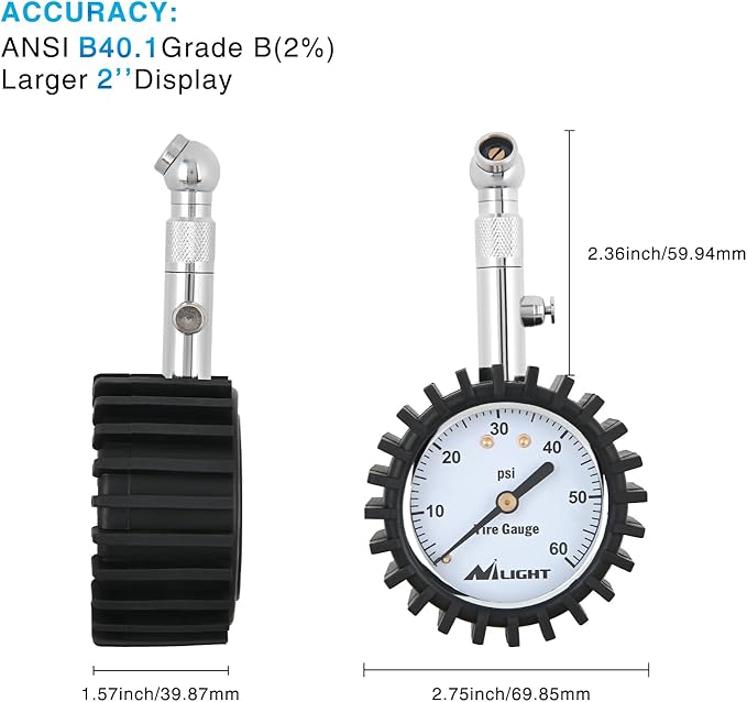 Nilight Tire Pressure Gauge 60PSI Heavy Duty Stainless Steel Air Chucks ANSI B40.1 Certified Large 2" Dial Wheel Service Checker for Truck Semi Truck ATV Motorhome Cars & RV Accessories