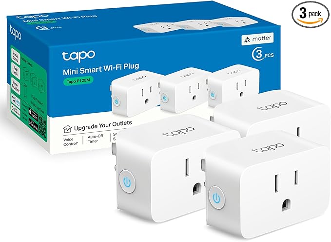 TP-Link Tapo Matter Supported Smart Plug Mini, Compact Design, 15A/1800W Max, Super Easy Setup, Works with Apple Home, Alexa & Google Home, UL Certified, 2.4G Wi-Fi Only, White, Tapo P125M(3-Pack)