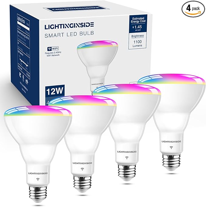 Smart Light Bulb 75W Equivalent, 1100LM 12W RGBCW BR30 E26 Bulb Works with Alexa/Google Home/Smart Life, 2.4G WiFi Bluetooth Recessed Flood LED Bulbs, No Hub Required, ETL Listed, 4PCS