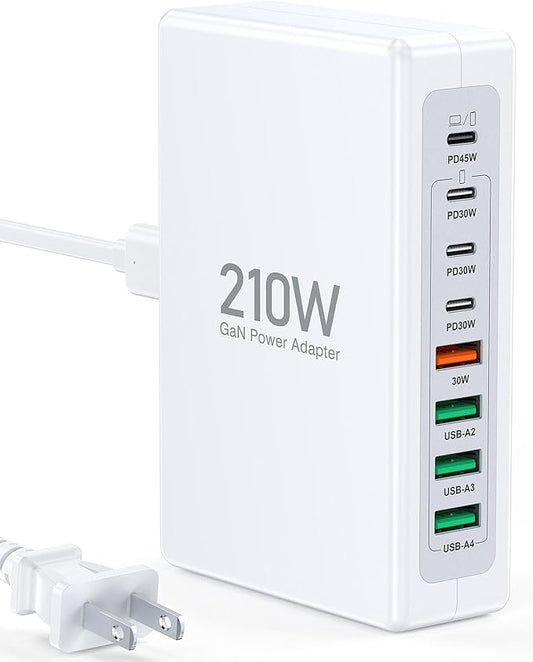 USB C Charger Block, 210W 8-Port Upgraded GaN III Super Fast Charging Station Hub, PD 45W Charger Compatible with MacBook Air, iPad, iPhone17 16 15 14 13 Pro Max, Samsung Galaxy S25/24 Ultra, Tablets