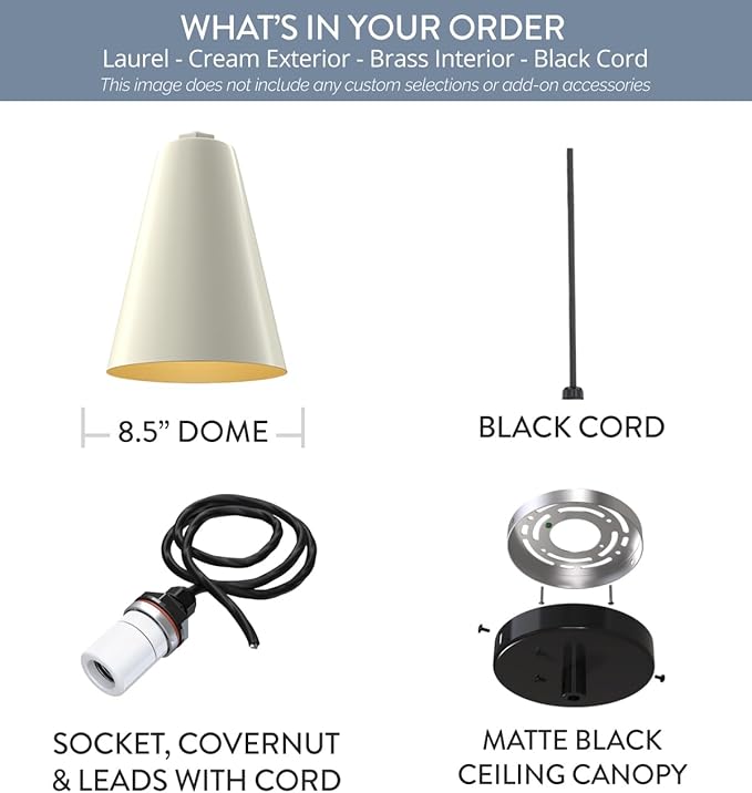 Steel Lighting Co. Laurel Pendant Light | Ceiling Mounted | 8.5 inch Cone Shade | Modern Contemporary Farmhouse Style Made in America | Black Cord | Cream Exterior/Brass Interior