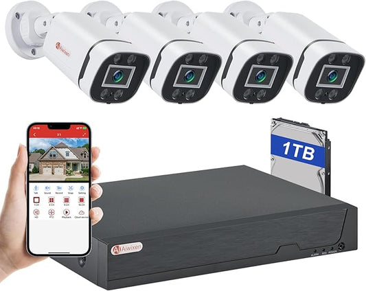 8CH H.265+ 3K Lite Wired CCTV Security Camera System with Human Vehicle Detection, 4X IP68 5MP Surveillance Camera for Indoor Outdoor, 1TB Hard Drive for 24-7 Recording, Remote Access