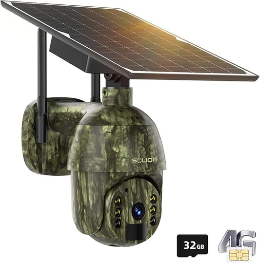 SOLIOM S600 4G LTE Cellular Security Cameras Wireless Outdoor, Solar Security Camera with Pan Tilt 360°View, 2K Full Color Night Vision, Unlimited Data Plan, PIR Motion Sensor, 2 Way Talk, Camo