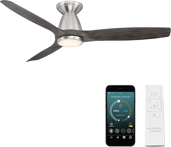 Skylark Smart Indoor and Outdoor 3-Blade Flush Mount Ceiling Fan 54in Brushed Nickel/Ebony Adjustable CCT 2700K-3000K-4000K-5000K LED Light Kit and Remote Control works with Alexa, iOS or Android App