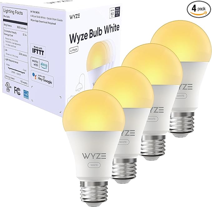 Bulb White, 800LM A19 Tunable-White Wi-Fi Smart Light Bulb, Compatible with Alexa and Google Assistant, 2.4GHz, No Hub Required, 2700K - 6500K, Dimmable, 90+CRI, Timer & Group, 4-Pack