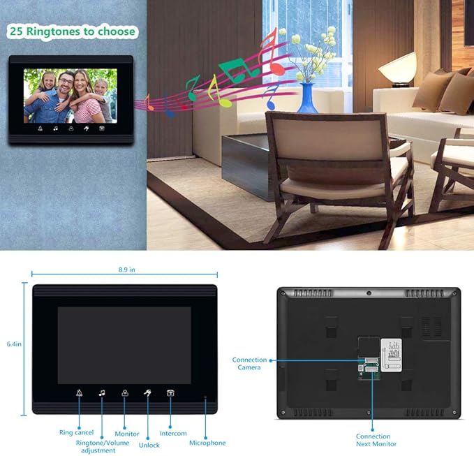Video Intercom System, 7 Inches Monitor Wired Video Door Phone Doorbell Kits, Indoor Outdoor IR Camera Support Unlock, Monitoring, Dual-Way Intercom for Villa House Office Apartment