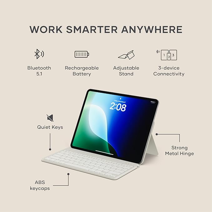Satechi OntheGo Bluetooth Keyboard with Adjustable Stand, Connect up 3 Devices, USB C Rechargeable Battery, Compact and Portable Keyboard for iPad, Tablet – Sand