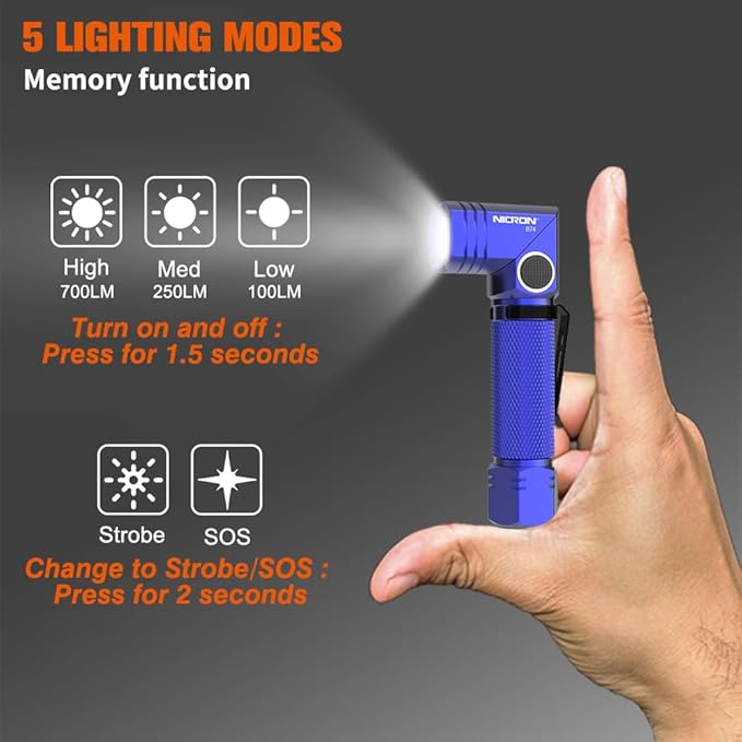 NICRON Flashlight, 700 Lumens 90 Degree Pocket Flashlight Rechargeable IP65 Waterproof 6 Modes for Camping, Outdoor, Hiking, Car Repairing, Blue