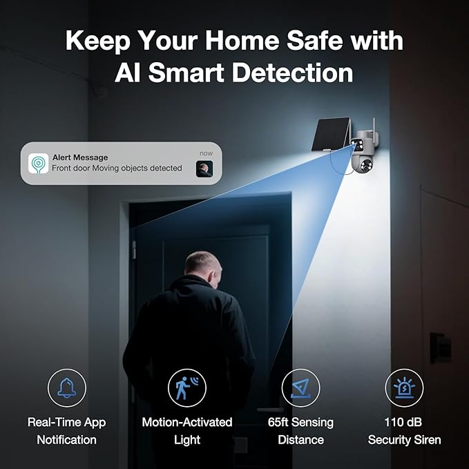 2 Pack Dual Lens Solar Security Cameras Wireless Outdoor, 2K Full HD Video, 360° View Pan/Tilt Home Security Camera with Color Night Vision, Easy to Install （2pack）