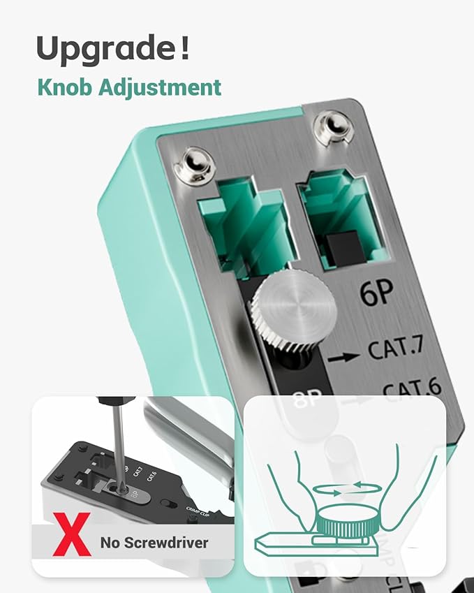 VCELINK RJ45 Crimp Tool, All-In-One Ethernet Crimper for CAT7/CAT6A/CAT6/CAT5E/CAT5, No Screwdriver Needed RJ45 and RJ11/RJ12 Crimping Tool, with An Adjustable Knob, Green